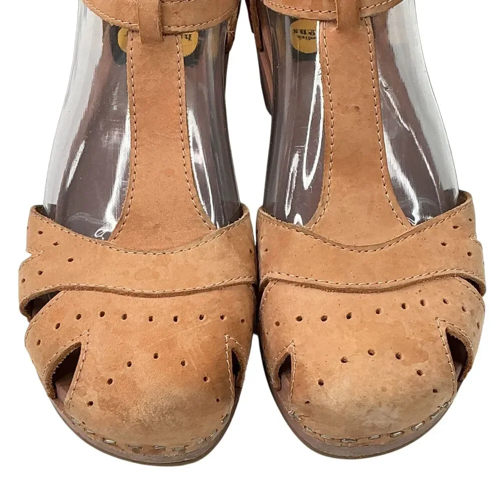 Toffel Swedish Clog Hasbeens T-Strap EU 38 Leather Wedge Heels Sandals Beige